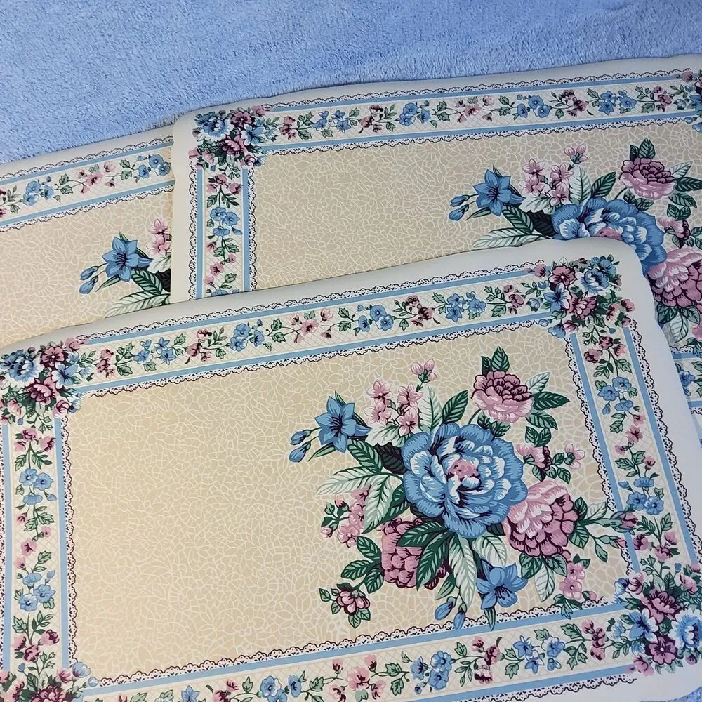 (3) Vintage 1990s Town & Country Linen Vinyl Placemats Vanessa Floral Blue Pink